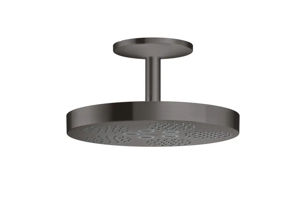 Kopfbrause mit Deckenanschluss in Brushed Black Chrome von AXOR, rund mit unterschiedlichem Strahlmuster, montiert an einem senkrechten Rohr.